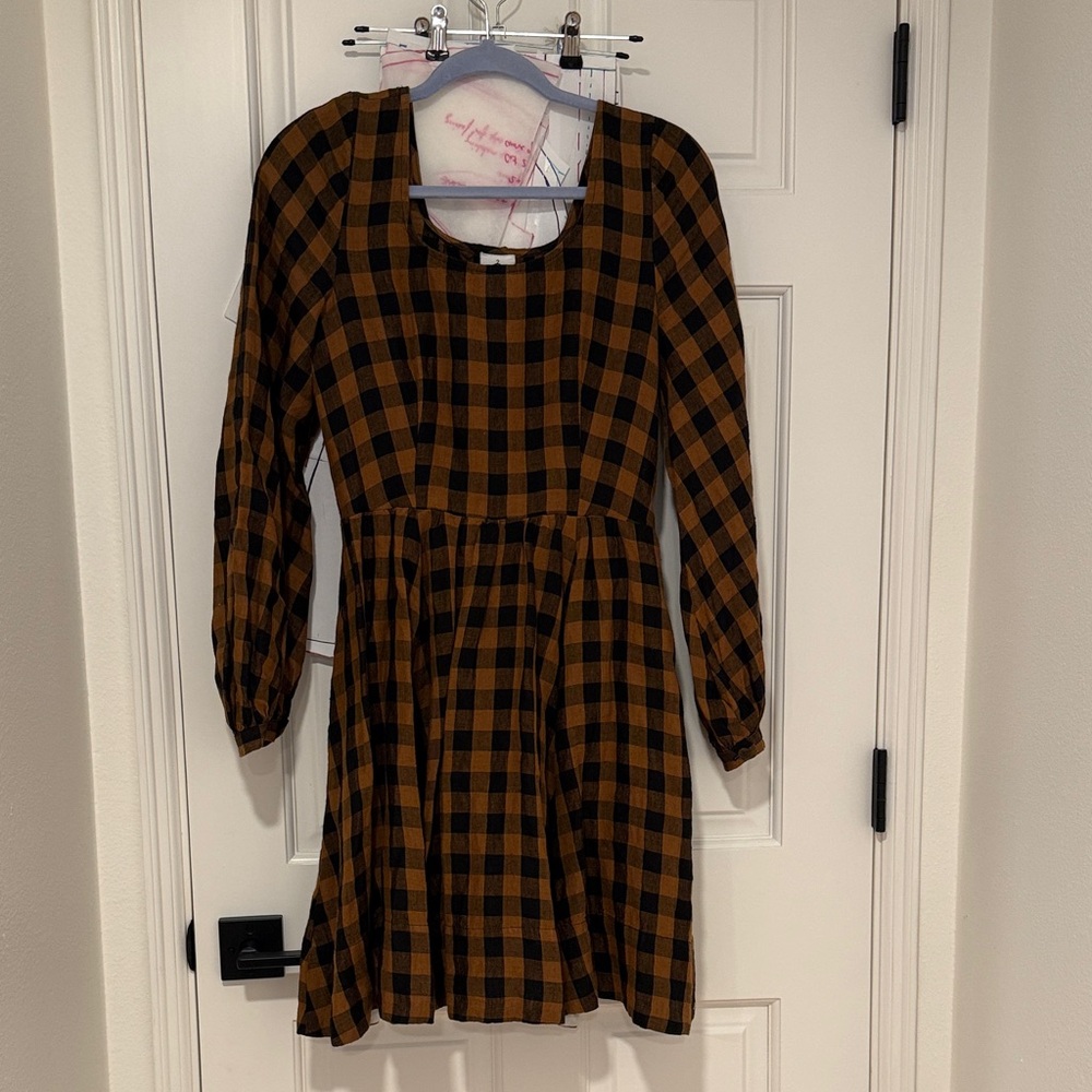 Son de Flor Warm Brown and Black Check Mini Carmen Dress, size XS